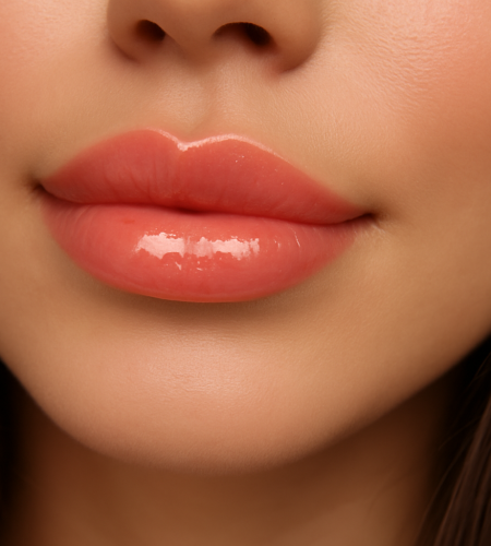 peachy glossed lips with natural glow